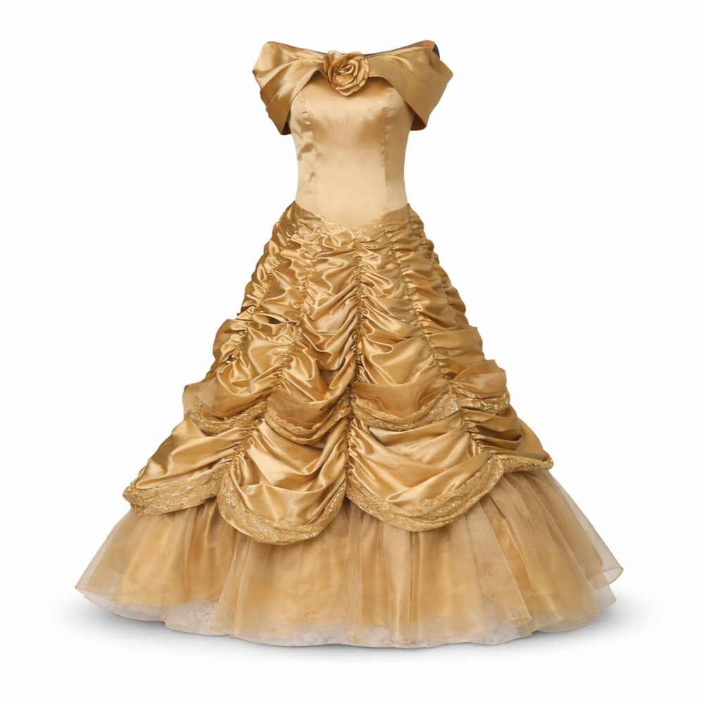 Belle-Inspired gold satin ballgown dress